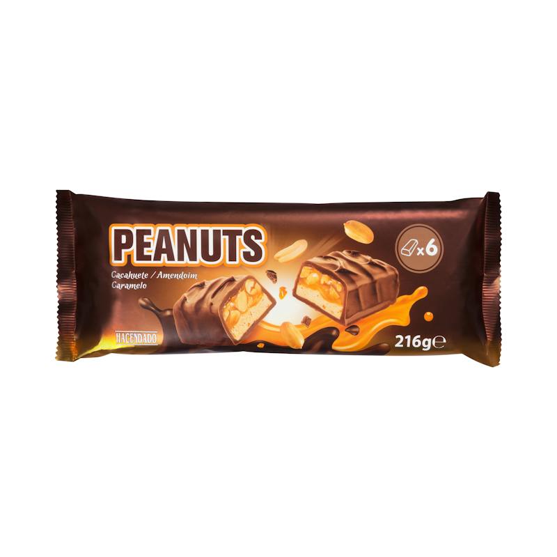 Barres Peanuts Hacendado enrobées de chocolat au lait, fourrées caramel, cacahuètes grillées et crème sucrée