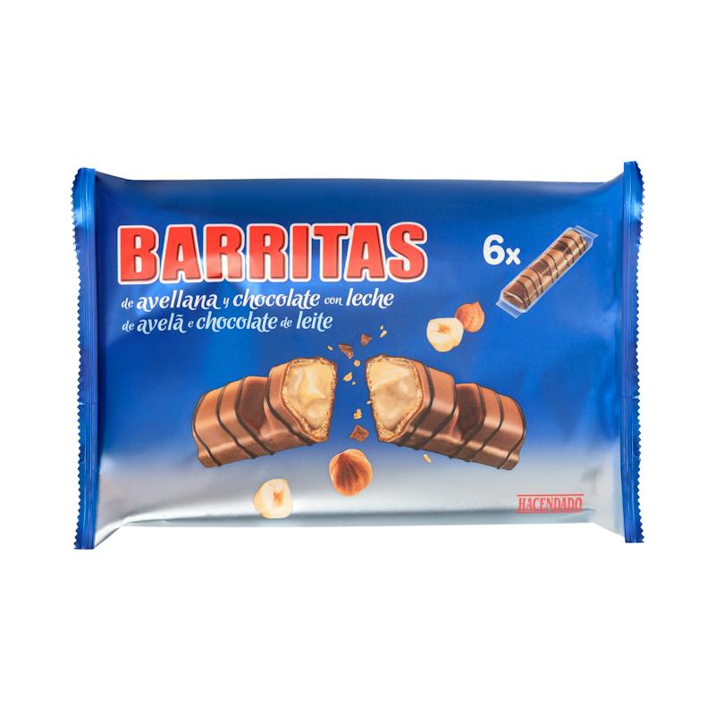 Barres gaufrettes fourrées noisette enrobées de chocolat au lait Hacendado